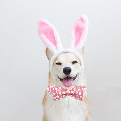 Easter Dog Collar-Pink Rabbit Adjustable Cute Pet Collar Soft Pink Flower Dog Collars with Bow Tie Holiday Cotton Metal Buckle Puppy Collar Gift for Small Dogs