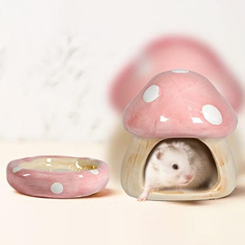 Ceramic Mushroom Hamster Hideout with Food Bowl, Small Animal House(Pink)