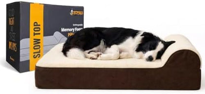 5.5 Inch Thick High Grade Orthopedic Memory Foam Dog Bed with Pillow and Easy to Wash Removable Cover with Anti-Slip Bottom. Free Waterproof Liner Included - for Medium and Large Dogs - Plush Brown