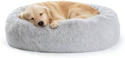 SAVFOX 36 inches Calming Donut Dog Bed - 3X Durable Plush Faux Fur, Machine Washable & Non-Slip, Fits up to 100 lbs, Light Grey