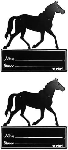 QWORK Horse Stall Name Plate, 2 Pack Heavy Duty Steel Horse Stall Plague, Horse Stall Personalized Signs, All Weather UV Protected, Black