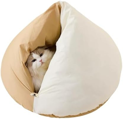 Cat Marshmallow Cave Bed, Plush Hideaway Washable Round Cushion (Camel)