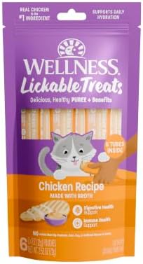 Wellness Lickable Soft Puree Cat Treats, All Lifestages, Kitten to Senior, Natural, Grain Free, Chicken Flavor, 0.4 oz, Pack of 6 Tubes