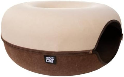 Travel Cat Tunnel Bed Cave - 21 Inch Large Premium Round Donut Cat Cave for Indoor Cats, Kitten - Detachable Cat Hideaway Cat Bed with Tunnel for Playing, Scratching, Sleeping (Chocolate & Cream)