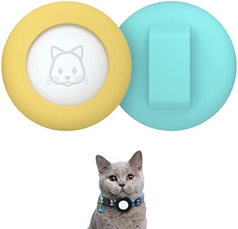 SimpleThings Compatible with Airtag Cat Collar Holder, Small Collar Holder Compatible with Apple Air Tag GPS Tracker, 2Pack Waterproof Case Cover for Cat Dog Pet Collar Within 3/8 inch (Teal&Yellow)