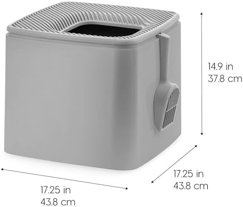 IRIS USA Cat Litter Box, Top Entry, Dog Proof, Covered, Scoop, Gray