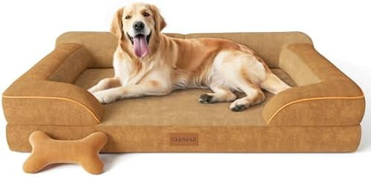 CWAWZ Extra Large Dog Bed, Orthopedic Dog Beds with Cooling Gel Memory Foam, Waterproof XL Pet Bed with Removable Washable Cover, 42" Pet Sofa Couch Dutch Velvet with Bone Toy, Brown
