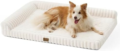 COZY KISS Faux Rabbit Fur Large Dog Bed – 44"x32" Orthopedic Foam Couch with Sides, Removable Washable Cover & Waterproof Lining, Cream