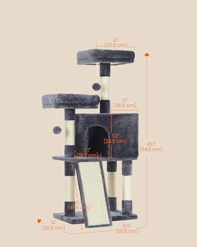 SONGMICS HOME Cat Tree, Cat Tower with Cat Cave, Scratching Ramp, Sisal Scratching Posts, Multi-Level Cat Condo for Indoor Cats, Dark Gray