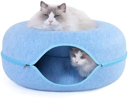 Large Cat Tunnel Bed for Indoor Cats with 3 Toys, Scratch Resistant Donut Cat Bed, Up to 30 Lbs (L 24x24x11, Blue)
