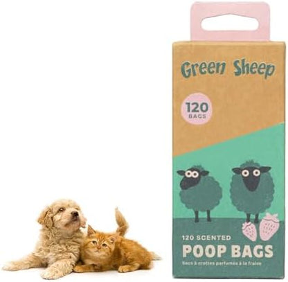Green Sheep Poop Bags Strawberry Scented, 120 Bags for Dogs and Cats, Green Scented Dog Poop Bags Rolls, Small Pet Waste Bags
