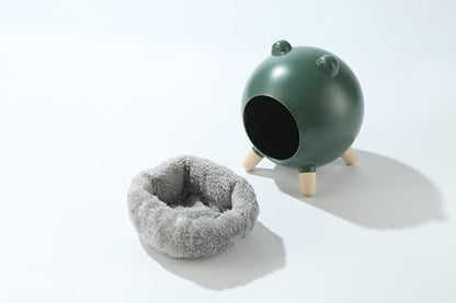 TUTU&LELE Hamster Hideout Space Elf Nest, Tiny House Bed with Round Plush Pad for Hamsters, Mice, Gerbils to Sleep & Play (Green)