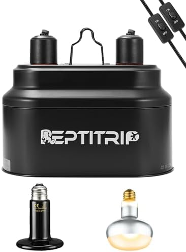 REPTITRIP Dual Reptile Light Fixture with 100W Daytime Heat Bulb & 100W Nighttime Ceramic Heat Emitter, 2 Independent Switches, Reptile Heat Lamp Combo Pack - No UVB