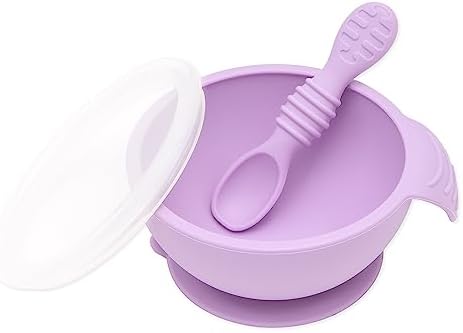 Bumkins Baby Bowl, Silicone Feeding Set with Suction for Baby and Toddler, Includes Spoon and Lid, First Feeding Set, Training Essentials for Baby Led Weaning for Babies 4 Months Up, Lavender