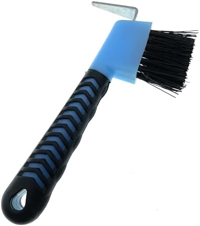 Horse Hoof Pick with Brush - Non-Slip Ergonomic Handle, Heavy-Duty Steel Pick & Stiff Bristles - Removes Dirt, Mud & Rocks - Horse Grooming Tool for Daily Hoof Care (Blue)
