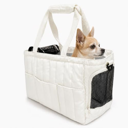 Dog Purse Carrier for Small Dogs, Small Cat Purse Carrier Soft with Large Pocket, Portable Pet Carrier Tote Bag with Safe Leash (White)