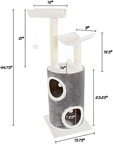 45in Cat Tree with Napping Perches, 2 Story Cat Condo, Cat Scratching Posts, and Hanging Toys - Cat Tower for Indoor Cats by PETMAKER (Gray)