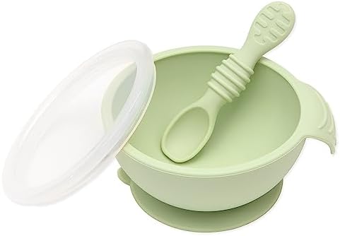 Bumkins Baby Bowl, Silicone Feeding Set with Suction for Baby and Toddler, Includes Spoon and Lid, First Feeding Set, Training Essentials for Baby Led Weaning for Babies 4 Months Up, Sage