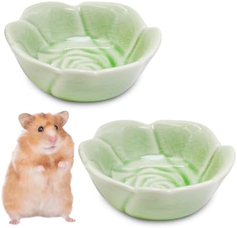 BNOSDM 2 Pcs Hamster Ceramic Food Bowl Flower Series Gerbil Drinking Bowls Anti-Turning Food & Water Dish for Dwarf Syrian Hamsters Gerbil Chinchilla（Green, Rose Pattern）