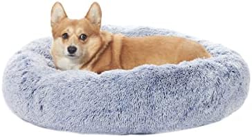 Bedfolks Calming Fluffy Donut Dog Bed for Medium Dogs,Navy Blue, 30" Round