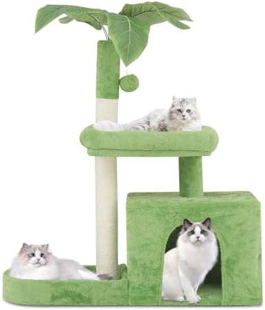 Athena Collection Small Cat Tree Tower with Scratching Post, 32 Inch Modern Cute Cat Tree Condo with Cozy Perch Haing Ball Green Leaves for Kittens Indoor Playing, Light Green
