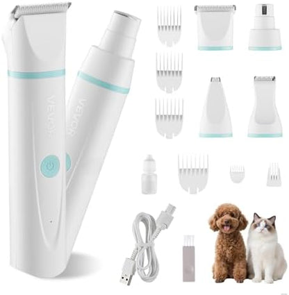 VEVOR Dog Clippers for Grooming, 4 in 1 Dog Grooming Kit, Low Noise, Rechargeable Pet Shaver with 6 Combs & 4 Detachable Blades, Waterproof Cordless Pet Hair Trimmers Nail Grinder Set for Dogs Cats