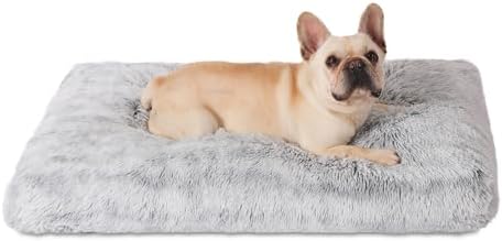 Bedfolks Plush Dog Crate Bed, Washable Cover, Faux Fur Dog Kennel Pad - 35"x23", Grey