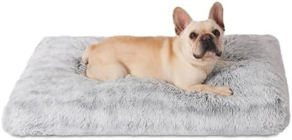 Bedfolks Plush Dog Crate Bed, Washable Cover, Faux Fur Dog Kennel Pad - 35"x23", Grey