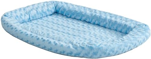 MidWest Homes for Pets Small QuietTime Double Bolster Pet Bed, Blue Plush 24-Inch Crate Mat with Stacked Bolsters, Machine Washable, Secure Fit with Elastic Straps