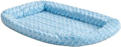 MidWest Homes for Pets Small QuietTime Double Bolster Pet Bed, Blue Plush 24-Inch Crate Mat with Stacked Bolsters, Machine Washable, Secure Fit with Elastic Straps