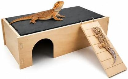 2-in-1 Reptile Basking Platform with Slate Rock Surface and Removable Climbing Ladder, Bearded Dragon Hideout Cave and Sunbathing Ledge for Leopard Geckos, Lizards, Small Snakes, Tortoises