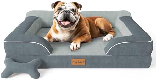 CWAWZ Dog Beds for Large Dogs, Orthopedic Dog Bed with Cooling Gel Memory Foam, Waterproof Large Pet Bed with Removable Washable Cover, 36" Pet Sofa Couch Dutch Velvet with Bone Toy, Dark Gray