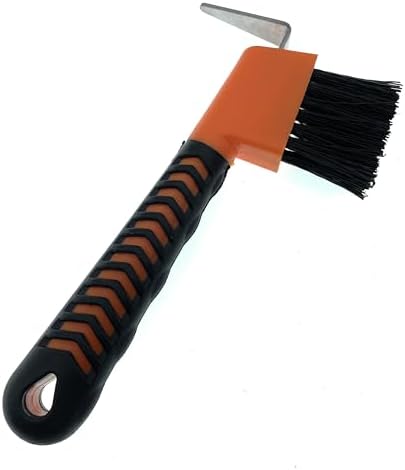 Horse Hoof Pick with Brush - Non-Slip Ergonomic Handle, Heavy-Duty Steel Pick & Stiff Bristles - Removes Dirt, Mud & Rocks - Horse Grooming Tool for Daily Hoof Care (Orange)