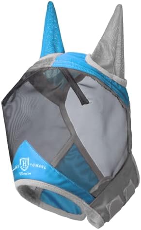 Harrison Howard Pro Luminous Horse Fly Mask Standard with Ears UV Protection for Horse Azure Blue/Silver Medium Cob