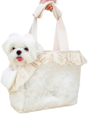 ONECUTE Dog Carrier for Small Dogs Rabbit cat with Lace Design, Cotton Bag, Dog Carrier Soft Sided, Collapsible Travel Puppy Carrier (Beige, 13" L x 6.7" W x 10.6" H)