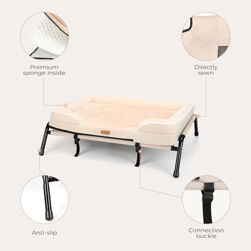 Lekereise Raised Dog Bed for Small Dog 32x25 Inch, Orthopedic Pet Beds with Waterproof Egg Crate Foam, Removable Dogs Couch Bed for Indoor Outdoor, 2-in-1 Design, Load 40lb, Beige