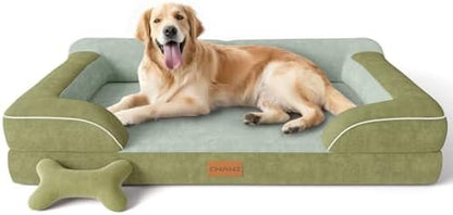CWAWZ Extra Large Dog Bed, Orthopedic Dog Bed with Cooling Gel Memory Foam, Waterproof XL Pet Bed with Removable Washable Cover, 42" Pet Sofa Couch Dutch Velvet with Bone Toy, Dark Green