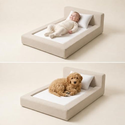 Mini Cloud Bed - Removable and Washable Covers - Toddler Baby Pet Dog Cat Nursery - Upholstered Minimalist Modern Luxury (Cream Boucle, Medium)