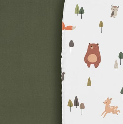 Sweet Jojo Designs 2-Piece Baby Bassinet Sheets Set (Woodland Animals) for Girls & Boys, Infant Nursery, Toddler Room - Oval Rectangle Hourglass Mattress (Solid Green & Watercolor, Forest Friend, Fox)