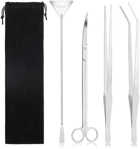 Segarty Longer Aquarium Aquascaping Tools, 4 in 1 Stainless Steel Silver Aquarium Tools Kit for Aquatic Plant Fish Tank, Scraper Spatula Feeding Tweezers Curved Scissors Anti Rust Aquascape Set
