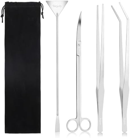 Segarty Longer Aquarium Aquascaping Tools, 4 in 1 Stainless Steel Silver Aquarium Tools Kit for Aquatic Plant Fish Tank, Scraper Spatula Feeding Tweezers Curved Scissors Anti Rust Aquascape Set