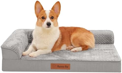 Rainmr Memory Foam Orthopedic Dog Bed, Washable Dog Couch with Removable Waterproof Cover and Nonskid Bottom for Pet Sofa, 35x23 Inches, Light Grey