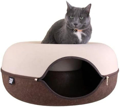 Travel Cat Tunnel Bed Cave - 21 Inch Large Premium Round Donut Cat Cave for Indoor Cats, Kitten - Detachable Cat Hideaway Cat Bed with Tunnel for Playing, Scratching, Sleeping (Chocolate & Cream)