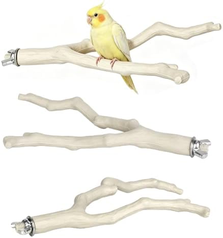 3 Pack Bird Perches for Cage, Bird Cage Accessories Branch Style Bird Stand with Mounting Hardware, Textured Climbing Perches for Budgie Cockatiels Finches Small Birds Plastic