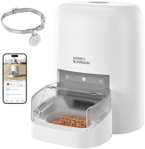 HoneyGuaridan RFID Automatic Cat Feeder with Collar Tag-Activated Personalized Meal, 5G WiFi APP Control Cat Food Dispenser with Diet Tracking and Anti-Theft for Multi Pet Home and Different Diet