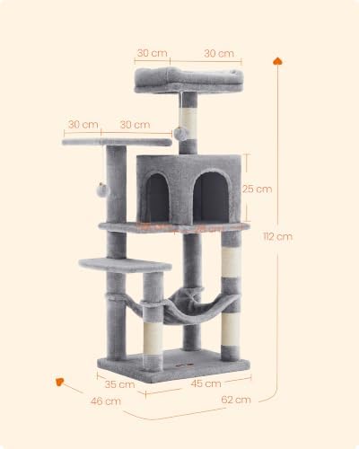 Feandrea Cat Tree, 44.1-Inch Cat Tower, Multi-Level Condo, Light Gray