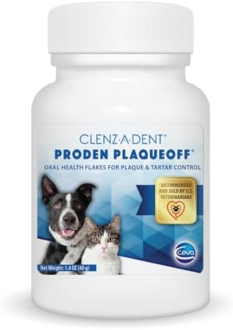 Clenz-A-Dent ProDen PlaqueOff Oral Health Flakes for Dogs and Cats, VOHC Accepted, Supports Plaque & Tartar Control, Freshens Breath, Natural Seaweed Formula, 40 g