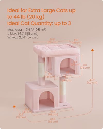 Feandrea Cat Tree, 40.6-Inch Tall Cat Tower, Cute Plush Condo, Jelly Pink