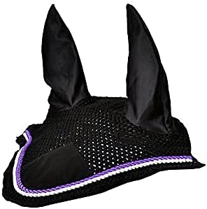 Horse Fly Bonnet Double Piping Ear Net Fly Veil Mask Breathable Cotton Crochet Horse Tack (Full, Black 2)