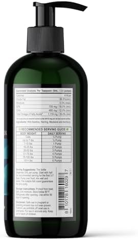 Fish Oil for Dogs | Liquid Omega 3 Wild Caught Fish Oil with Pump | Skin and Coat, Joint, Heart and Nerve Support | High Potency EPA and DHA Food Topper | 16oz